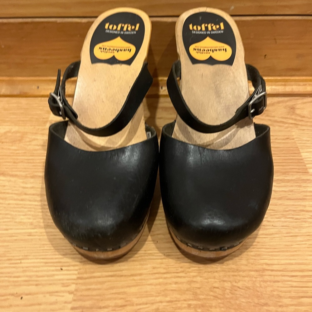 Swedish Hasbeens Black Leather Mules